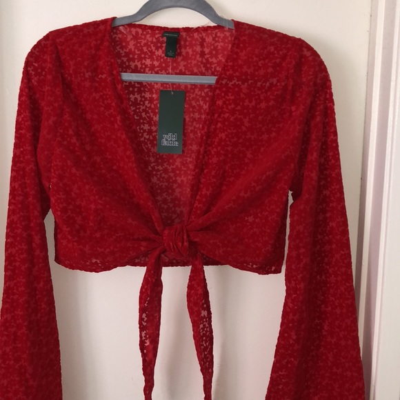 NWT Wild Fable Target Red Suede Floral Translucent Tie Crop Top Long Sleeves - S - Picture 2 of 12